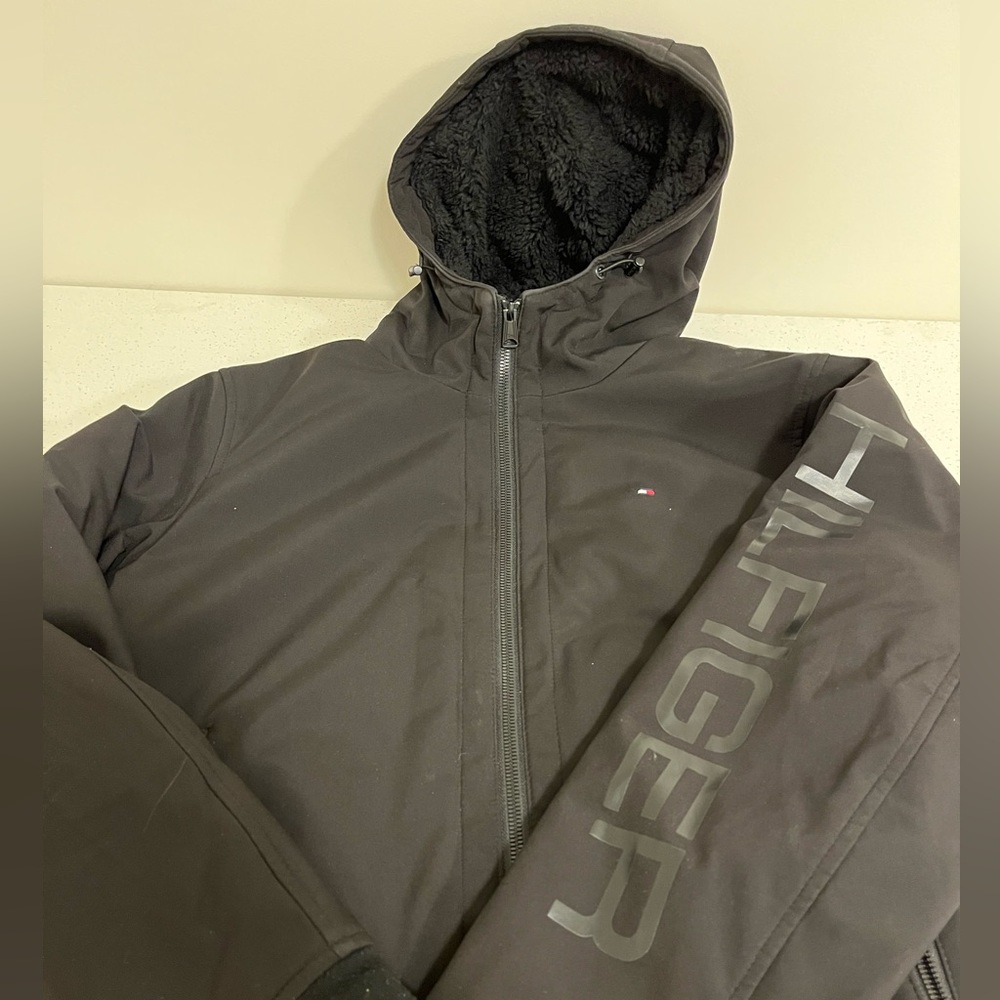Tommy Hilfiger black coat, size kids medium.